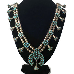 Bernard Bowekaty Turquoise and Sterling Squash Blossom Necklace